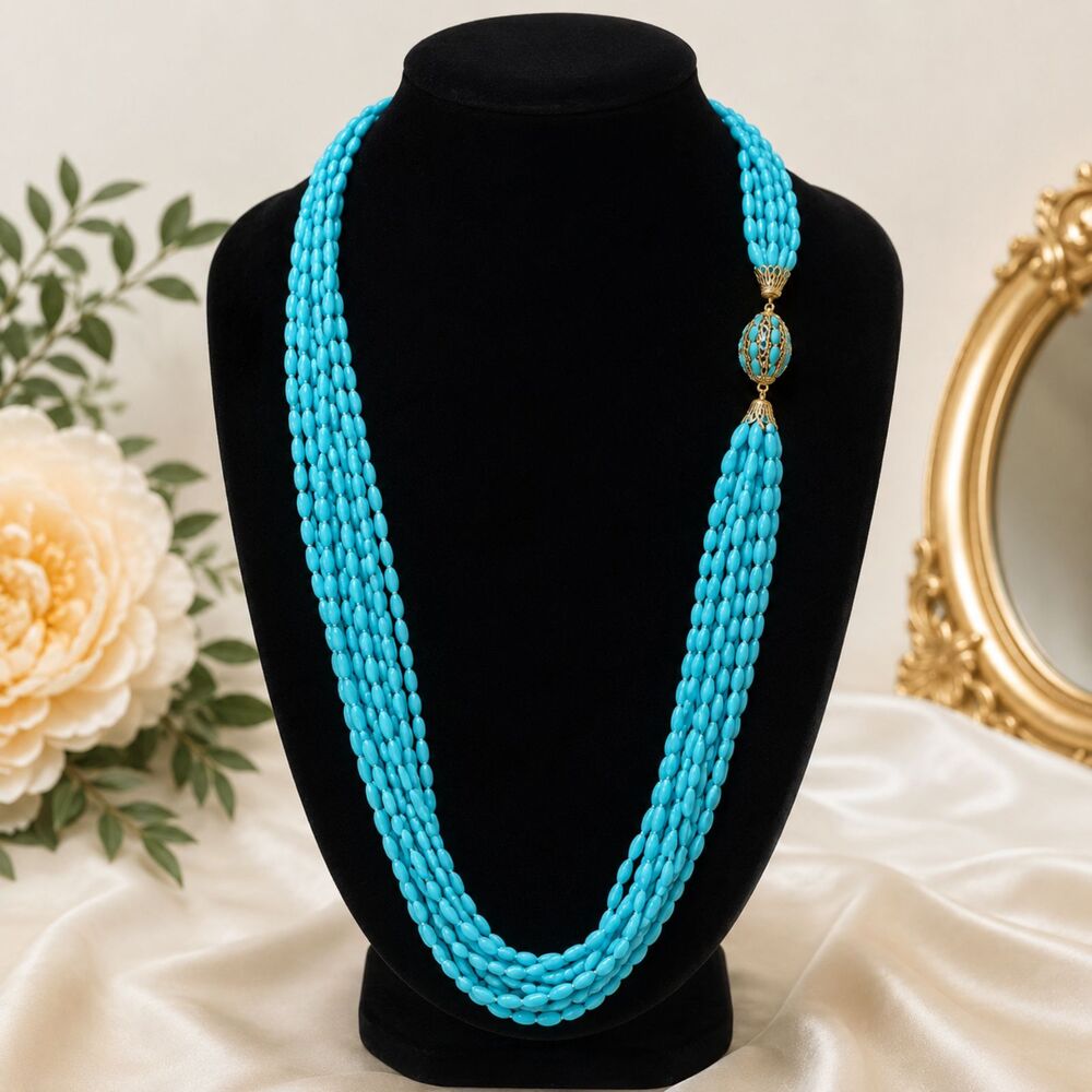 Vintage 1960s Aqua Blue 16 Strand Fused Bead Necklace 32" Mid Century MCM